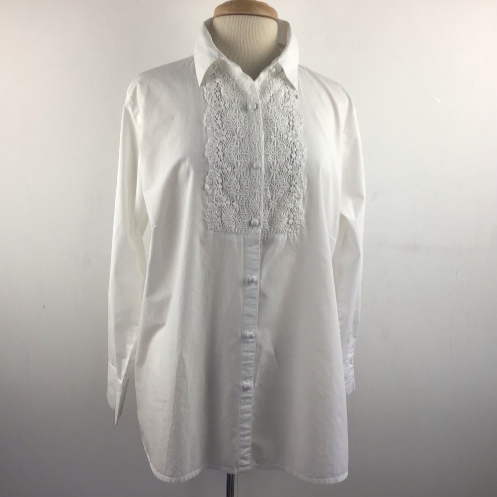 White Cotton shirt with crocheted lace trim center front. “Cotton Traders” sz 16
